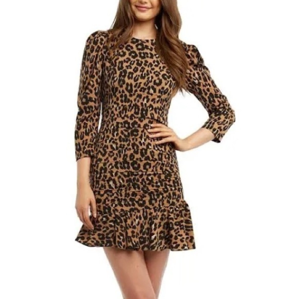 Bardot Ada Leopard Print Pleated Minidress Ruffle Hem 3/4 Sleeve Sz.4